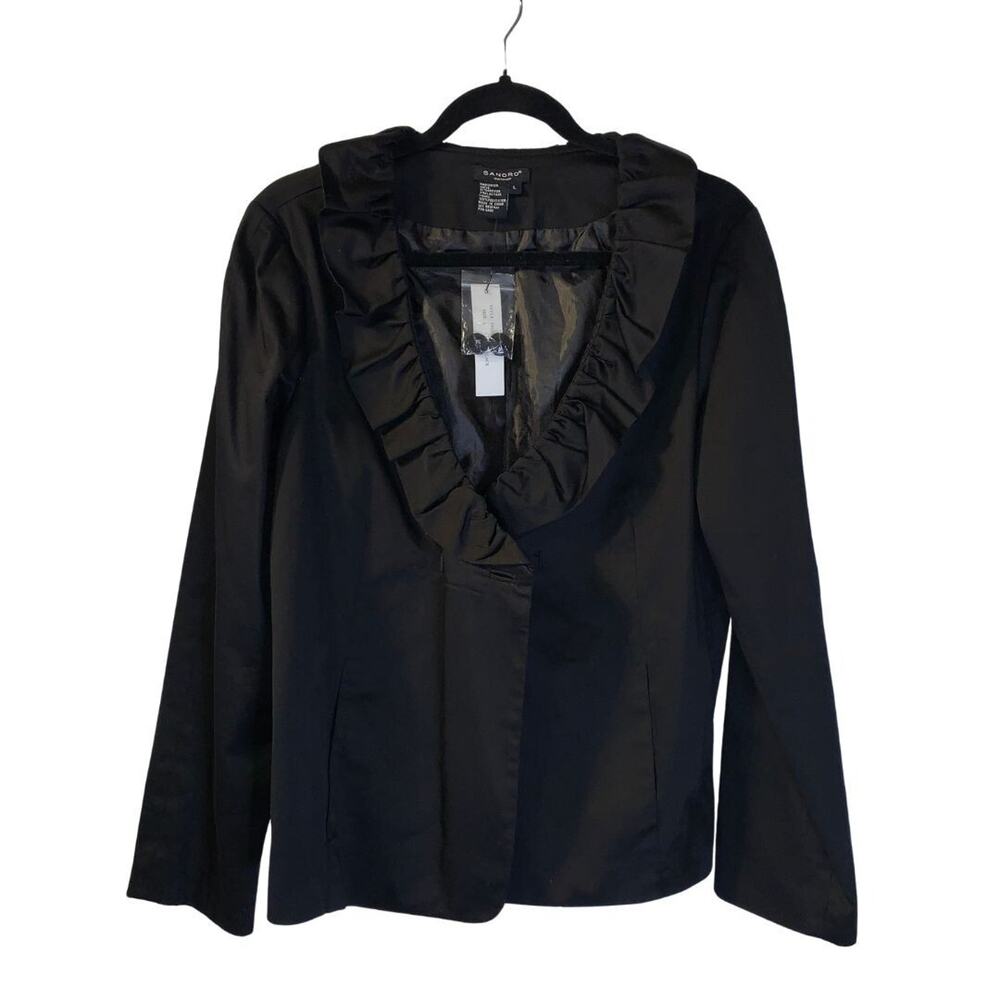 Sandro Women's Romantic Ruffled Jacket Size L NEW Black Cotton Poplin Feminine